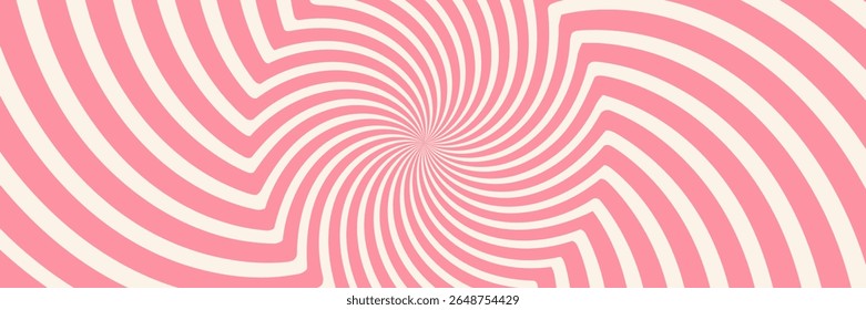 Candy color sunburst background. Abstract pink cream sunbeams design wallpaper. Colorful spinning lines for template, banner, poster, flyer. Sweet rotating cartoon swirl or whirlpool. Vector backdrop