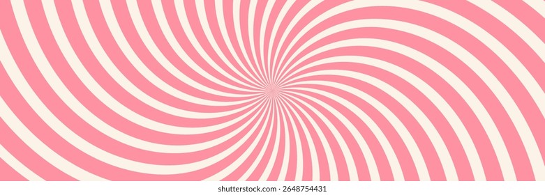 Candy color sunburst background. Abstract pink cream sunbeams design wallpaper. Colorful spinning lines for template, banner, poster, flyer. Sweet rotating cartoon swirl or whirlpool. Vector backdrop