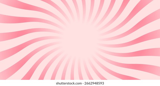 Candy color sunburst background. Abstract pink cream sunbeams design wallpaper. Colorful spinning lines for template, banner, poster, flyer. Sweet rotating cartoon swirl or whirlpool. Vector backdrop