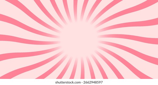 Candy color sunburst background. Abstract pink cream sunbeams design wallpaper. Colorful spinning lines for template, banner, poster, flyer. Sweet rotating cartoon swirl or whirlpool. Vector backdrop