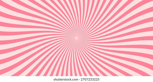 Candy color sunburst background. Abstract pink cream sunbeams design wallpaper. Colorful spinning lines for template, banner, poster, flyer. Sweet rotating cartoon swirl or whirlpool.