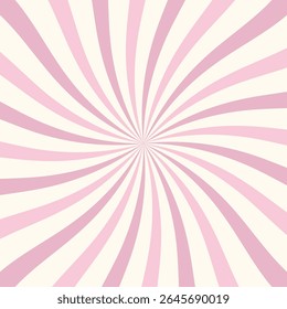 Candy color sunburst background. Swirling radial ice cream background. Swirl candy background in pink tones. Fun and bright retro burst for sweet designs and party themes. Vector illustration.