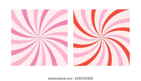 Candy color sunburst backgrounds. Abstract pink cream sunbeams design wallpaper. Colorful spinning lines for template, banner, poster, flyer. Sweet rotating cartoon swirl or whirlpool set