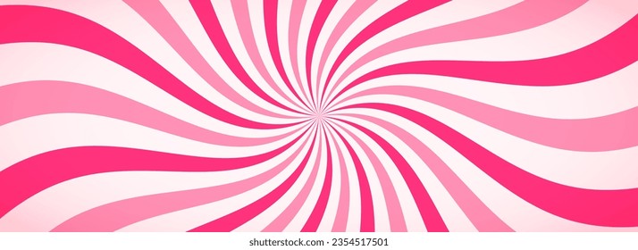 Candy color sunburst wallpaper. Abstract pink cream sunbeams design background. Colorful spinning lines for template, banner, poster, flyer. Sweet rotating cartoon swirl or whirlpool. Vector backdrop