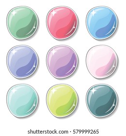 Candy colored buttons with glass surface effect. Blank vector buttons set for web design or game graphic. Colorful marbles on white background. Empty bubbles for word or text in marshmallow colors
