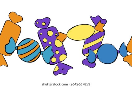 Candy colorful sweet Seamless horizontal border. Vector graphic line ink illustration. Bonbon candies in bright color packaging wrapping. Sugar sweet food dessert caramel chocolate.