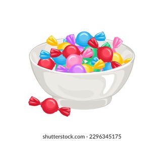 Candy in colorful wrappers in bowl. Vector cartoon illustration of bright sweets.