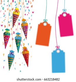 Candy conos con ABC y etiquetas de precios en el fondo blanco. Archivo vectorial Eps 10.