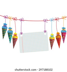 Candy cones on the line with checked banner on the white background. Eps 10 vector file.