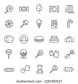 Candy, confectionery, icon set. Confections, sweets, sweet pastries, linear icons. Line with editable stroke