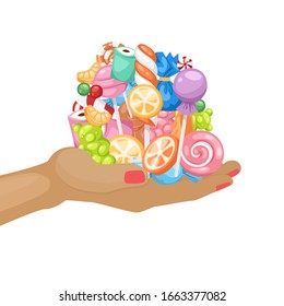 Candy confectionery and sweets, dessert, lollipop, caramel and jelly on girls arm cartoon vector illustration. Candies and confectionary hand isolated on white for sweet shop.