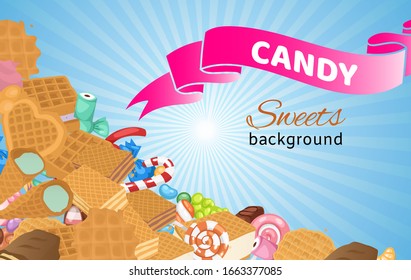 Candy confectionery and sweets, dessert, lollipop, ice cream, waffles and jelly cartoon vector illustration. Candies and ribbons banner for sweet shop.