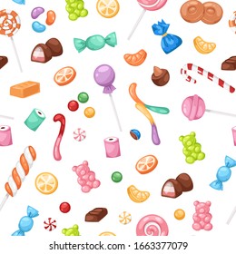 Candy Confectionery And Sweets Seamless Pattern, Lollipop, Caramel And Jelly Cartoon Vector Illustration. Candies And Confectionary Isolated On White Background For Sweet Shop Wrapping Or Kids Party.