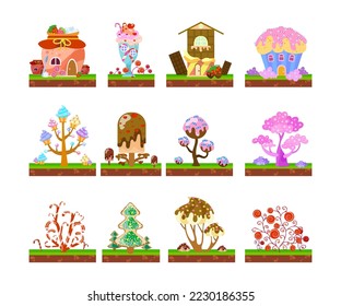 Candy or cookie fantasy houses vector illustrations set. Collection of cartoon drawings of cute fairy houses in shape of sweets, cupcakes isolated on white background. Desserts, fairytale concept