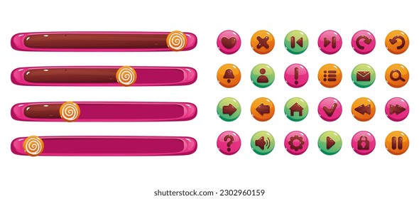 Candy cookie game ui load slider button cake isolated set. Vector graphic design element illustration