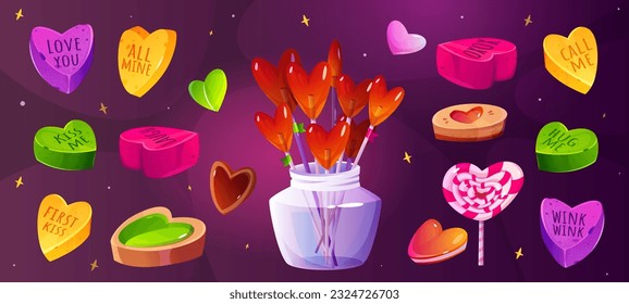 Candy and cookie hearts set. Cute sweets, lollipop, chocolate and caramels for valentine day in shape of love symbol. Relationship, dating and romance concept. Cartoon flat vector illustrations