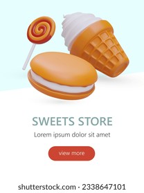 Candy, galleta, heladería. Diversos tipos de dulces. Plantilla vertical sobre fondo coloreado. Concepto de diseño web en estilo de dibujos animados. Ver más botón