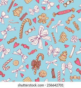 Candy, cookies and bows cute seamless pattern.