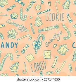 Candy, cookies and bows cute seamless pattern.