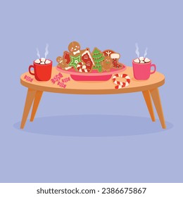 Candy, cookies, and hot cocoa on the table for Christmas. flat vector illustration