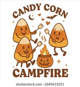 Candy Corn Campfire - Trending Spooky Halloween T-shirt Vector, Season Of The Witch Illustration, Scary Holiday Quotes