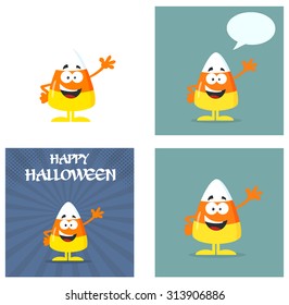 Candy Corn Cartoon Greeting Cards Flat Design. Vector Collection Set