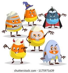 Candy corn in different costumes set. Dracula, mummy, ghost, witch, skull mask and devil. Halloween characters collection. Vector illustration with shadows isolated on white background.