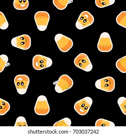 Candy Corn emoji seamless pattern. Candy emotion faces. Halloween sweet orange background.