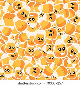 Candy Corn emoji seamless pattern. Candy emotion faces. Halloween sweets orange background.