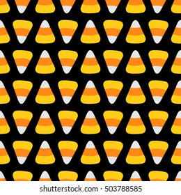 Candy corn food line. Happy Halloween Seamless Pattern. Flat design. Black background. Vector illustration.