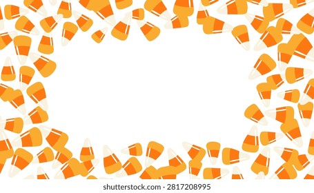 Candy corn Halloween frame, border with copy space, texture on transparent background. Trick or treat traditional triangular candy, sweet food. Festive design element, print. Vector illustration