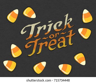 Candy corn Halloween sweets. Halloween Postcard, background. Vector illustration with hand drawn type calligraphy design. Paper textured.