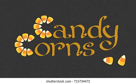 Candy corn Halloween sweets. Halloween Postcard, background. Vector illustration with hand drawn type calligraphy design. Paper textured.