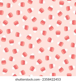 Candy corn Halloween trick or treat candies seamless pattern. Vector illustration of candy in a simple hand-drawn style. The limited palette is ideal for fabric printing, packaging.