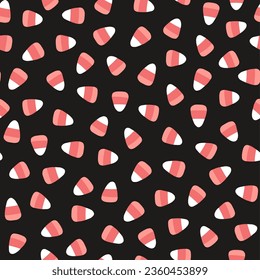 Candy corn Halloween trick or treat candies seamless pattern. Vector illustration of candy in a simple hand-drawn style. The limited palette is ideal for fabric printing, packaging