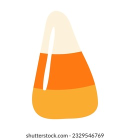 Candy corn hand drawn Halloween illustration. Cartoon style flat design, isolated vector. Kids seasonal print element, autumn holiday, trick or treat tradition, sweet food