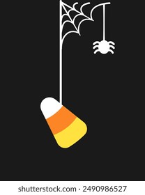 Candy Corn Hanging on a Spider Web, Happy Halloween Trick or Treat Spooky Ornaments Decoration Vector illustration