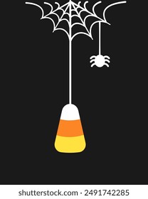 Candy Corn Hanging on a Spider Web, Happy Halloween Trick or Treat Spooky Ornaments Decoration Vector illustration