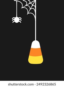 Candy Corn Hanging on a Spider Web, Happy Halloween Trick or Treat Spooky Ornaments Decoration Vector illustration