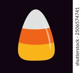 Candy corn. Happy Halloween. Cute cartoon striped triangle sweet food. Candycorn icon. Trick or treat. Greeting card. Sticker print. Childish style. Flat design. Black background. Isolated. Vector