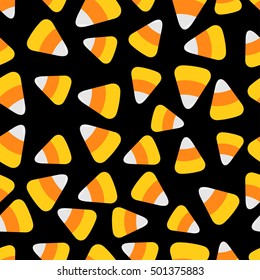 Candy Corn. Happy Halloween Seamless Pattern. Flat Design. Black Background Vector Illustration.