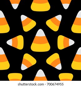 Candy corn. Happy Halloween Seamless Pattern. Round circle element. Wrapping paper, textile template. Flat design. Black background. Vector illustration.