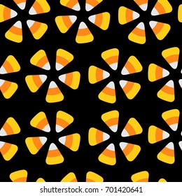 Candy corn. Happy Halloween Seamless Pattern. Round circle flower element. Wrapping paper, textile template. Flat design. Black background Vector illustration.