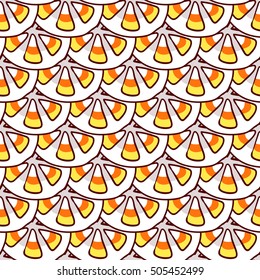 Candy corn on small dish. Halloween seamless pattern. Hand drawn sketchy tileable background, design element for halloween party invitation card or web banner