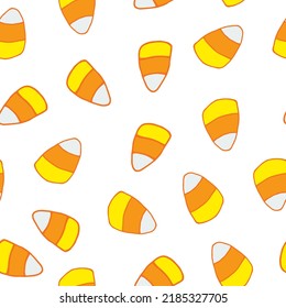 Candy Corn Seamless Pattern. Background Hand Drawn In Doodle Style. Halloween Holiday Decor