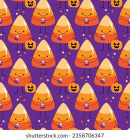 Candy corn seamless pattern - cute smiley candy corn with pumpkin on purple background. Happy Halloween decoration. Good for textile print, wrapping and wall paper design.