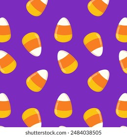 Candy corn seamless pattern isolate on purple background.Repeat pattern with Halloween element.Graphic vector illustration.