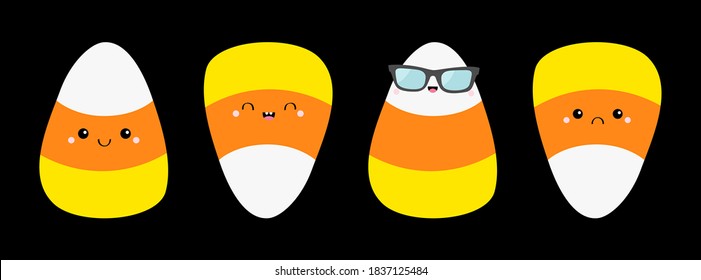 Candy corn set with funny faces. Happy Halloween. Cute cartoon kawaii baby character. Eyes, smile, sunglasses. Striped triangle sweet food. Greeting card. Flat design. Black background Isolated Vector