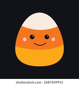 Milho doce com rosto sorridente. Feliz Dia das Bruxas. Personagem bonito do bebê kawaii dos desenhos animados. Comida doce de triângulo listrado. Cartão comemorativo. Design plano. Isolado. Fundo preto. Isolado. Ilustração vetorial