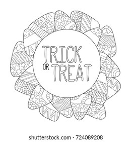 Candy corn vector coloring page. Trick or treat greeting card. Candy corn frame. Halloween coloring page. Sweet kernel with pattern. Halloween coloring book for children. Halloween sweets background
